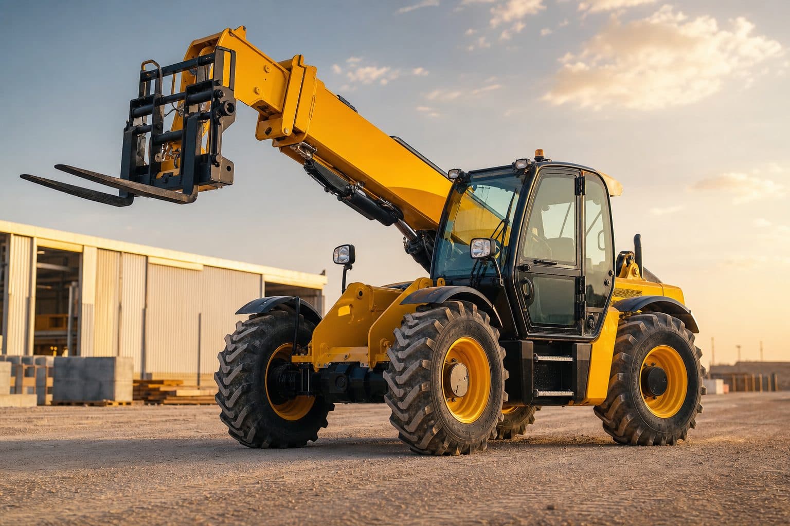 Yellow telescopic boom loader with pallet forks on a site at sunset